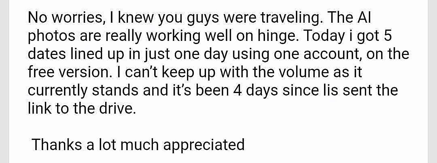 Customer email reporting five dates lined up in one day on a free Hinge account